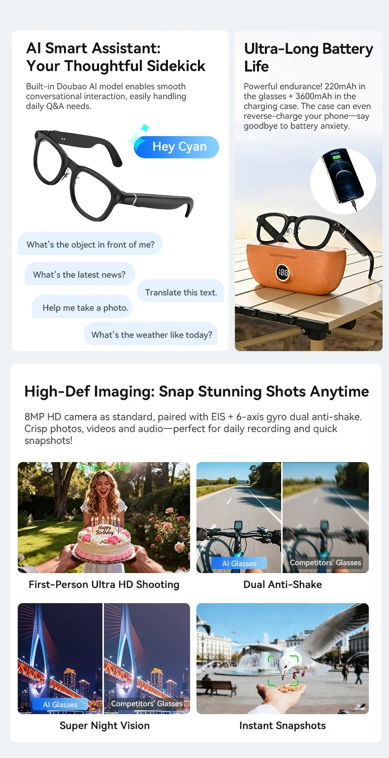 Sleek black AI smart glasses featuring HD video recording, image stabilisation, and a portable charging case.