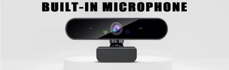 A sleek, black 4K USB webcam with a central lens, status lights, and an adjustable mounting stand.
