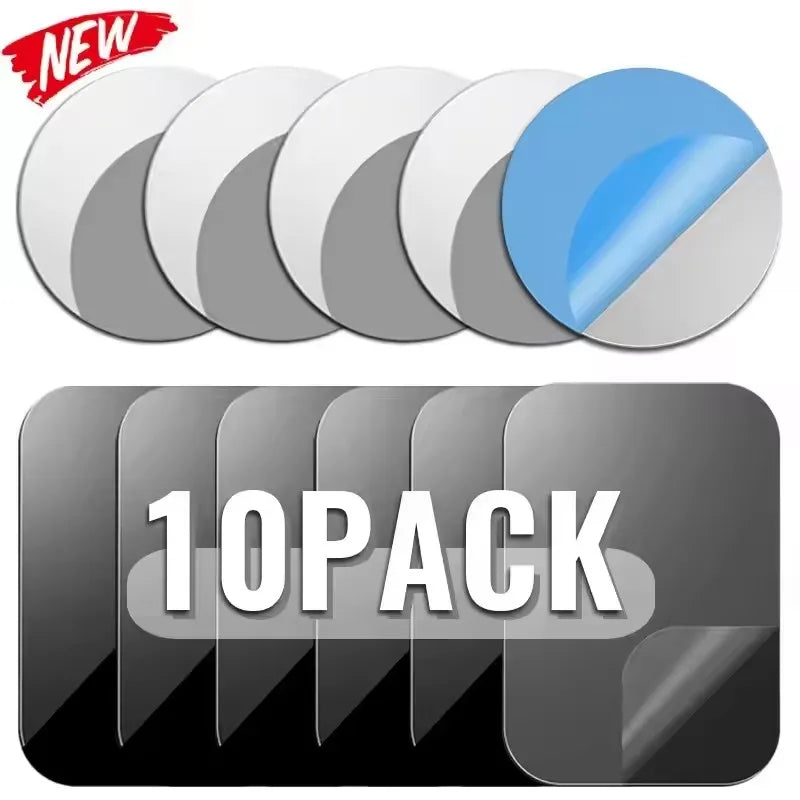 A 10-pack of adhesive metal plates, featuring five round silver discs and five rectangular black magnetic plates.