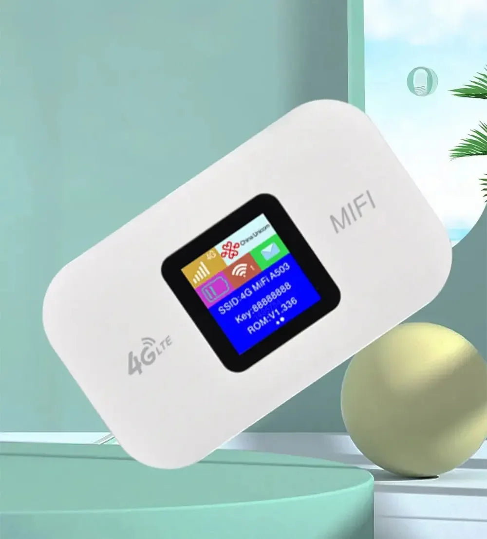 White portable 4G LTE wireless Wi-Fi hotspot router with a digital display screen, set against a modern studio backdrop.