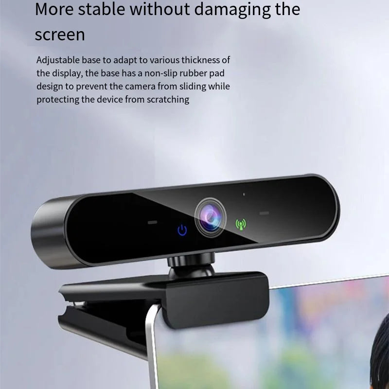 Black 4K USB webcam with autofocus, built-in microphone, and an adjustable, non-slip mount for secure screen attachment.