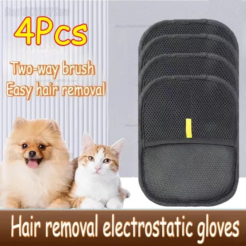 Four dark grey mesh pet hair removal pads, with a small yellow tab, shown beside a dog and a cat.