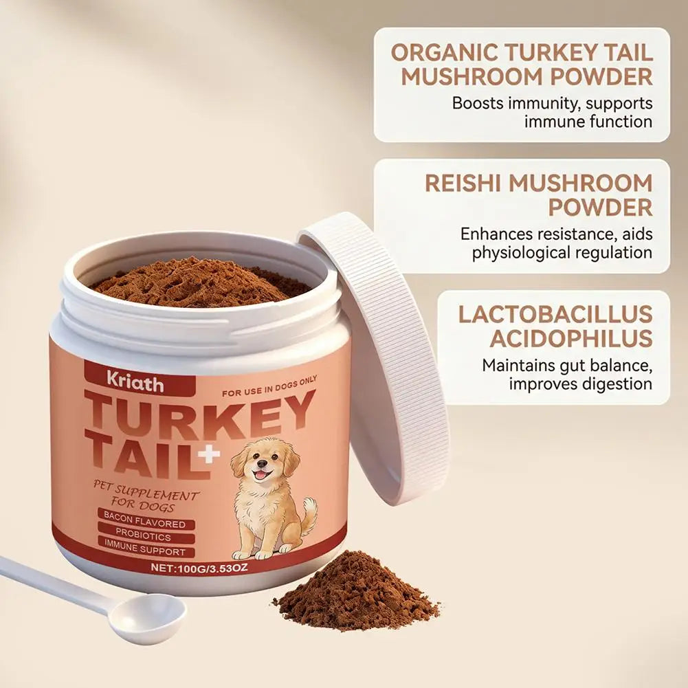 Peach-coloured jar of bacon-flavoured turkey tail mushroom powder supplement for dogs, with white scoop and benefits.