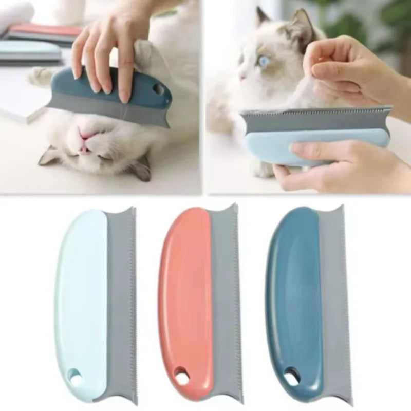 Three colourful pet grooming combs in blue, pink, and teal, shown being used to brush a cat's fur.
