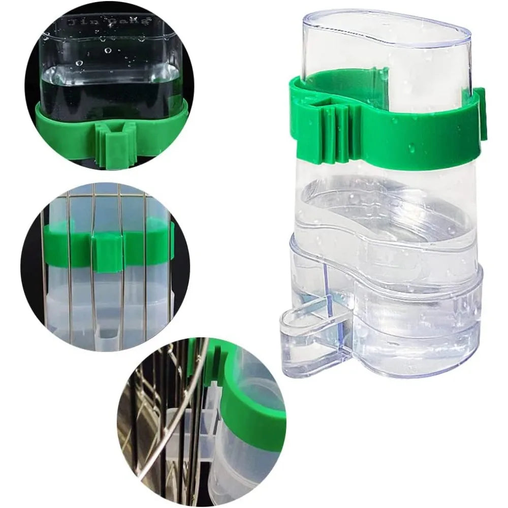 Clear plastic bird water dispenser with a bright green clip-on attachment, shown from multiple angles.