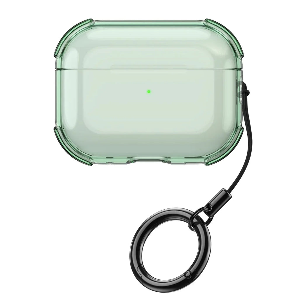 Clear, light green protective case for AirPods Pro with a black keyring attachment.