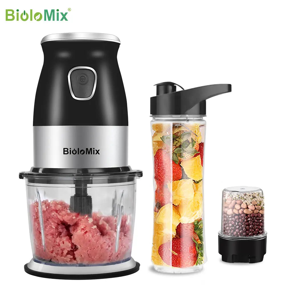 Black and silver electric food processor with a meat grinding bowl, smoothie cup, and small bean grinding jar.