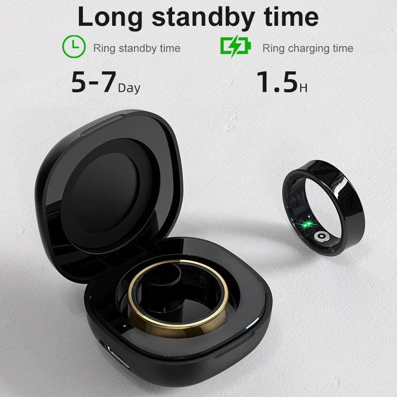 A black smart ring and its open charging case, showing 5-7 days standby and 1.5-hour charging time.