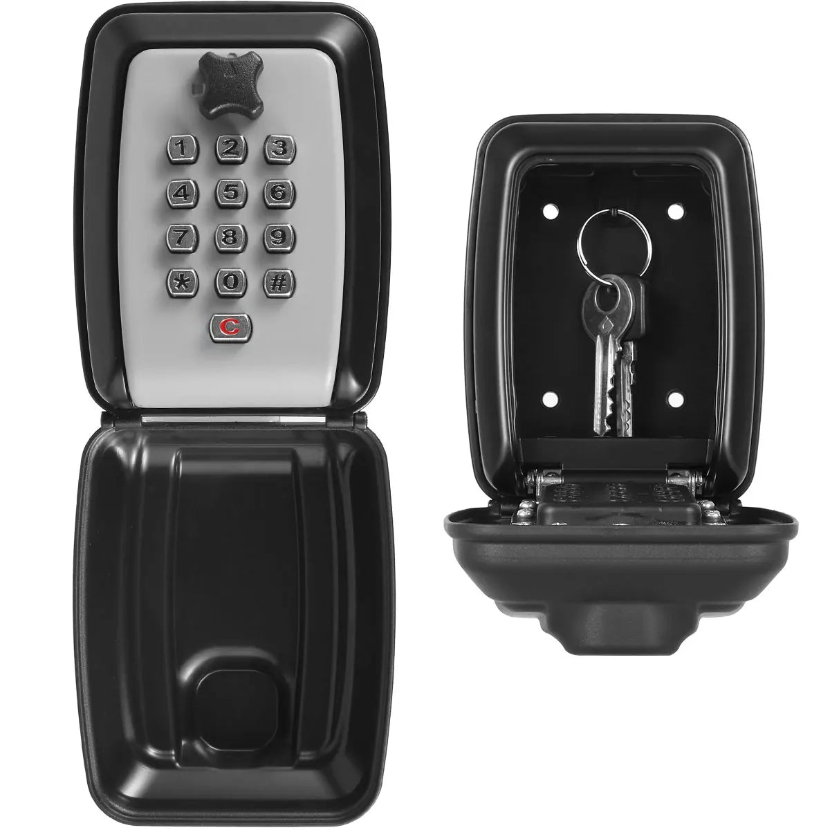 Black metal wall-mounted key lock box with a push-button digital keypad, shown open with keys inside.