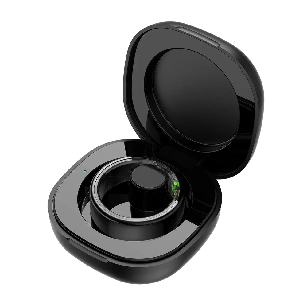 Sleek black fitness tracking smart ring resting inside its open, matching protective charging case.