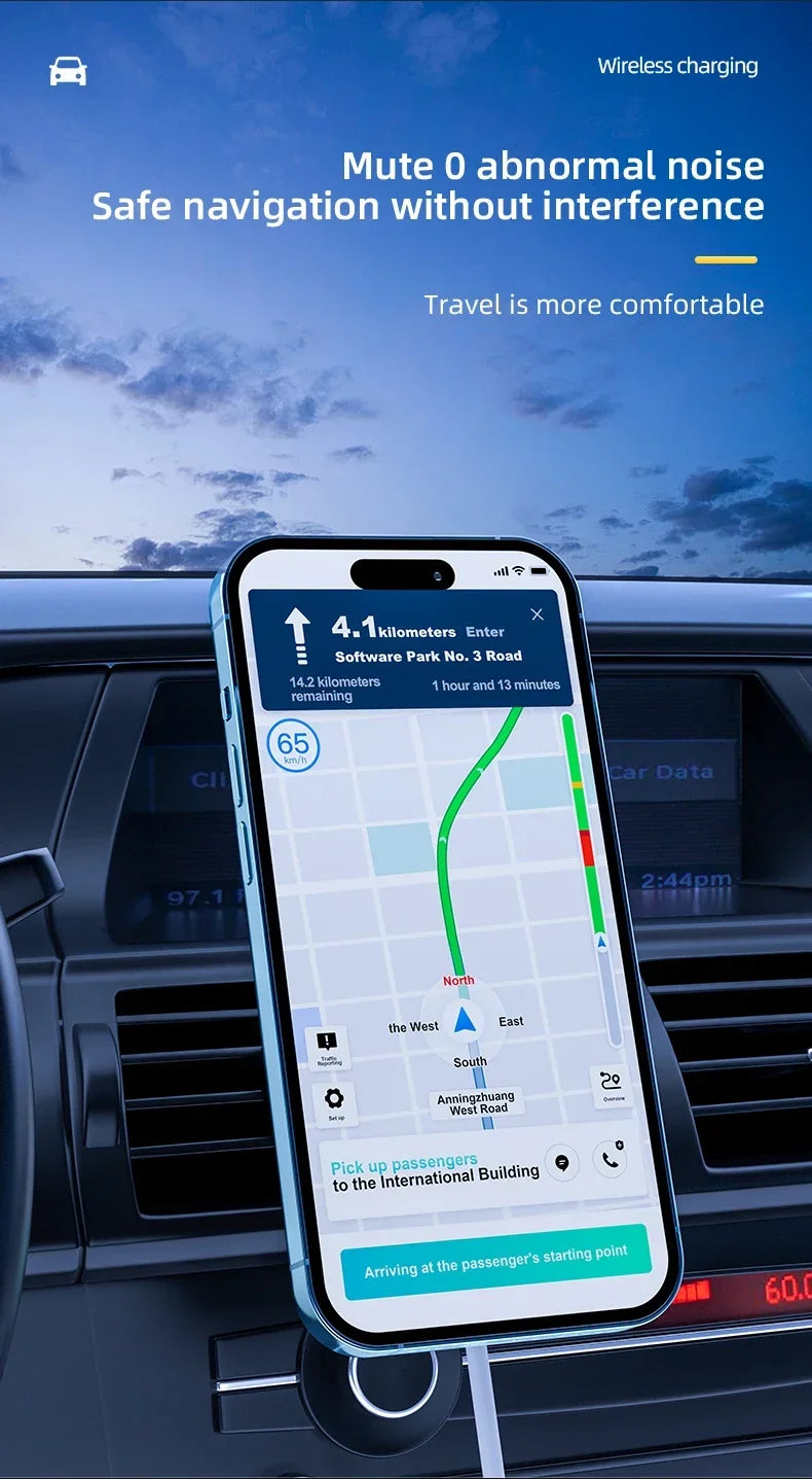 A slim, blue smartphone mounted on a car dashboard, displaying a GPS navigation map with a route.