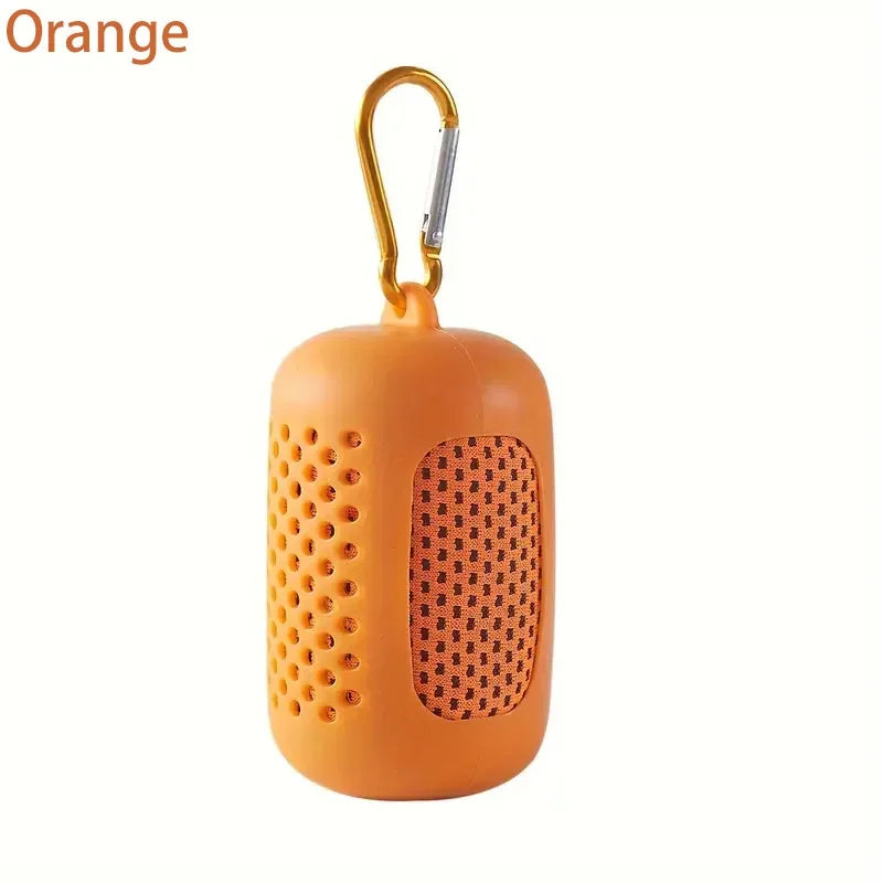 Orange silicone dog poop bag dispenser with a mesh panel and gold carabiner clip.