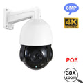 White and black PTZ security camera with 8MP, 4K resolution, POE connectivity, and 30x optical zoom lens.