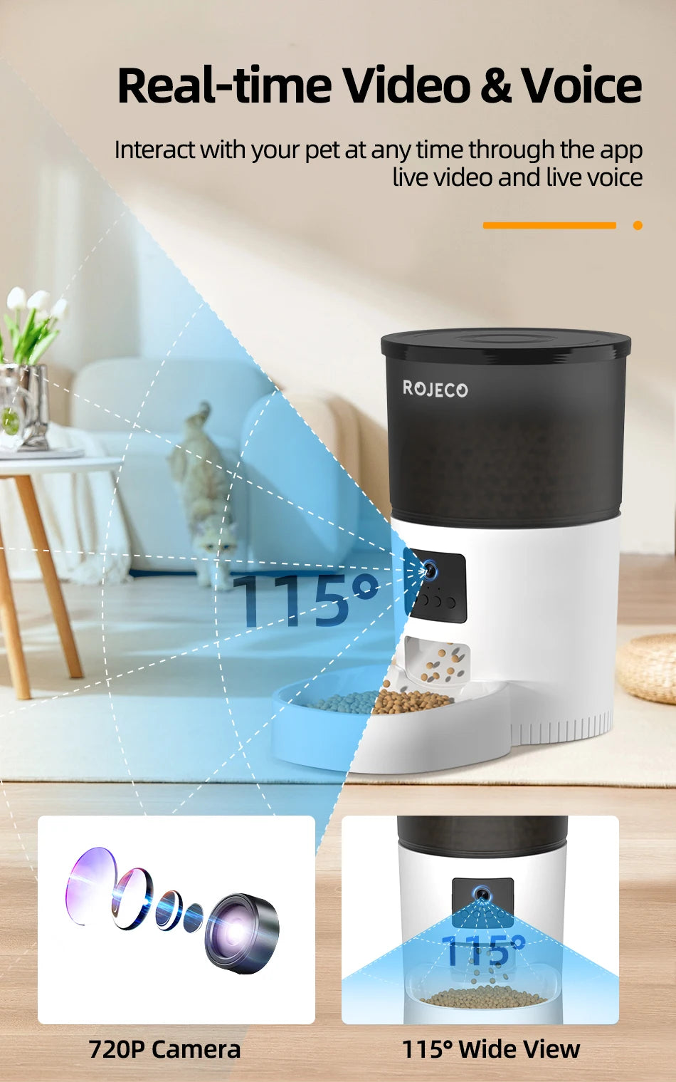 White and black automatic pet feeder with 720p wide-angle camera for real-time video and voice interaction.
