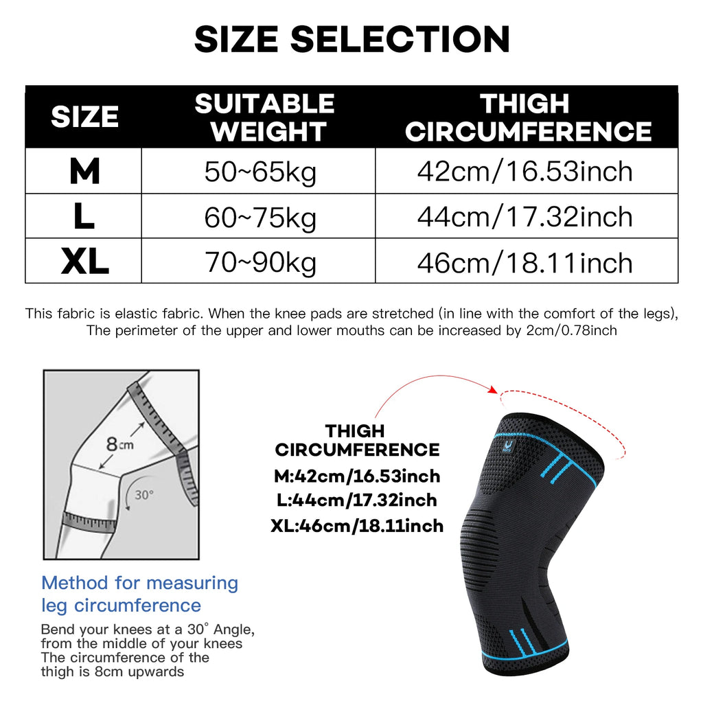 Size chart for a black and blue compression knee sleeve, including measuring instructions and circumference details.