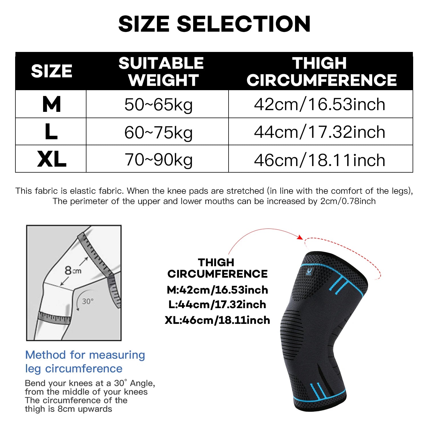 Size chart for a black and blue compression knee sleeve, including measuring instructions and circumference details.