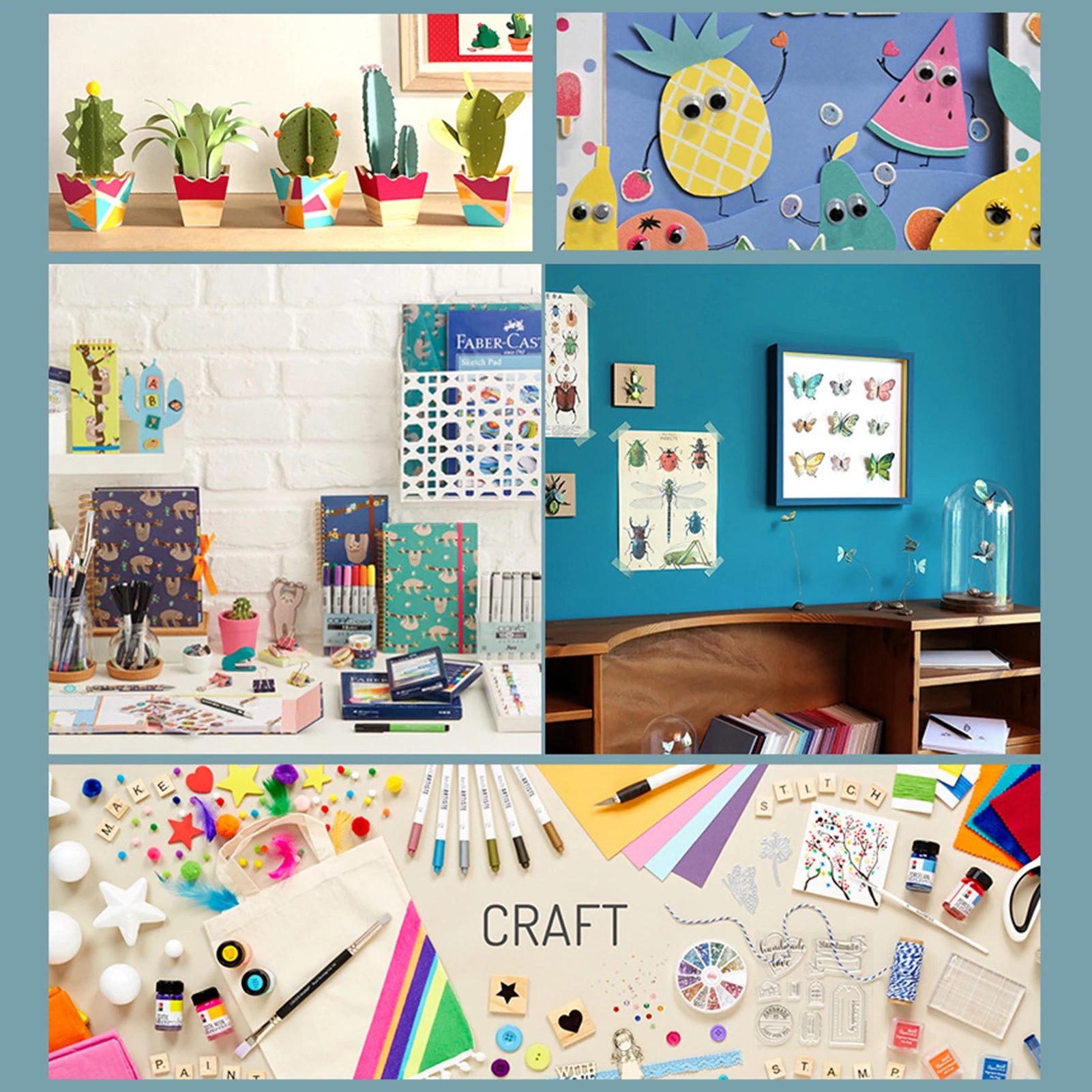 A collection of craft supplies, including paper plants, notebooks, wall art, stationery, and creative art materials.