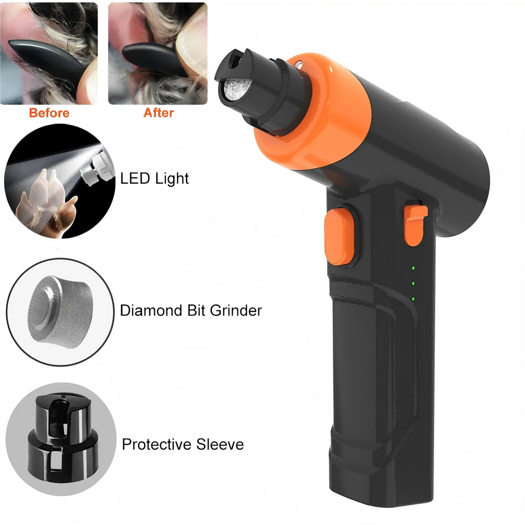 Black and orange electric pet nail grinder with LED light, diamond bit, protective sleeve and 2-speed settings.