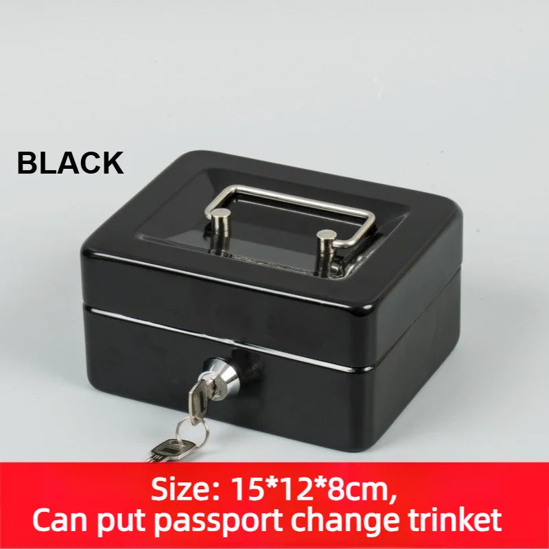 Small black metal cash box with a silver handle and a keyed lock, measuring 15 by 12 by 8 centimeters.