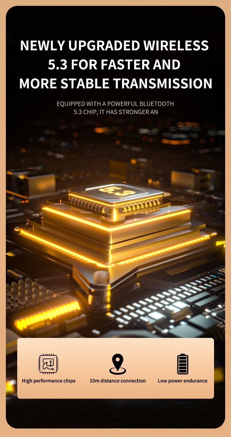Golden computer chip on a circuit board, glowing with orange light, illustrating 5.3 Bluetooth wireless technology.