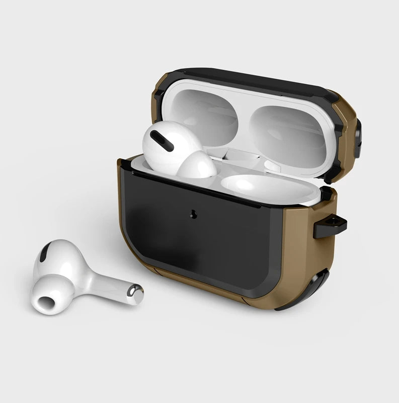 Rugged bronze and black protective case for Apple AirPods Pro, featuring a robust, shockproof design.