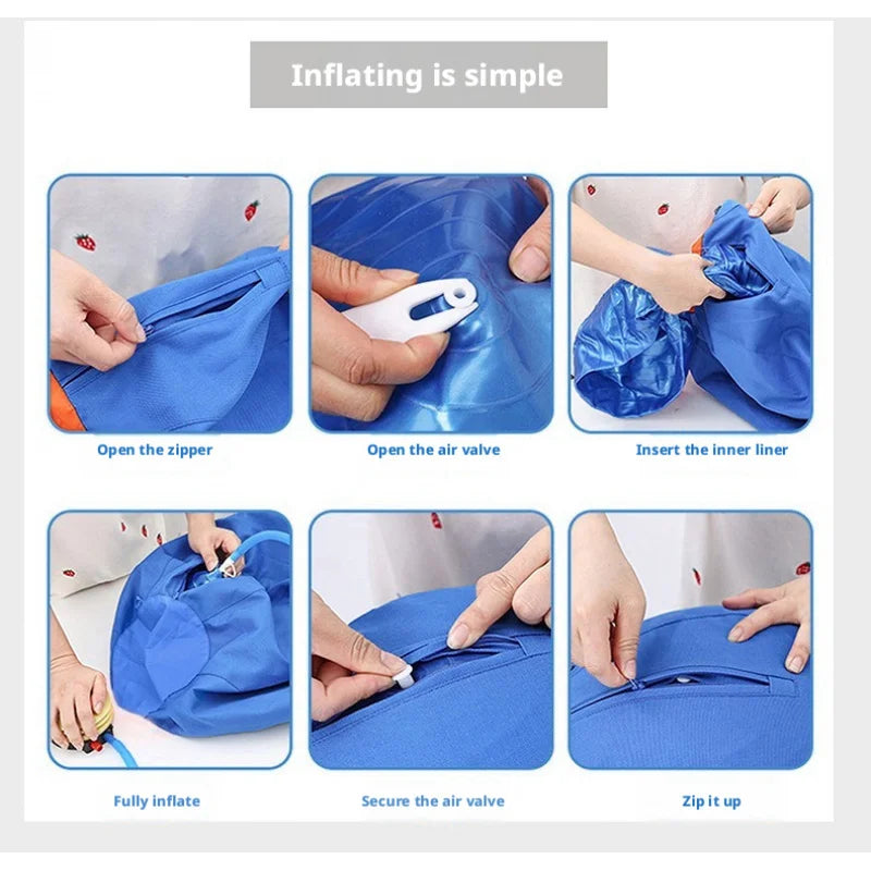 Six steps showing how to assemble and inflate a blue fabric-covered interactive dog training ball.