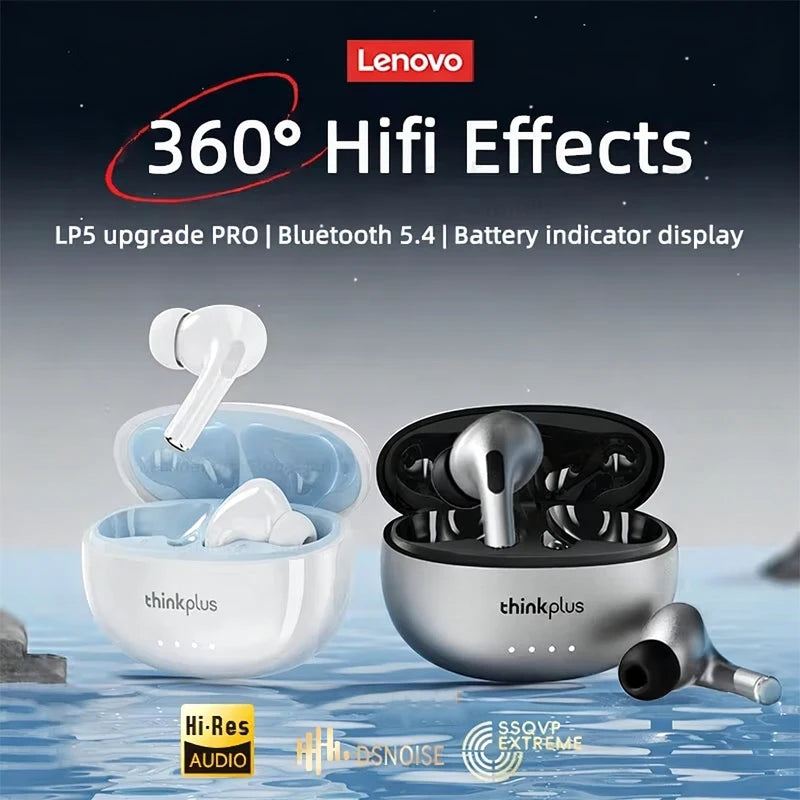 Two pairs of wireless earbuds with charging cases in white and silver, featuring a modern, minimalist design.