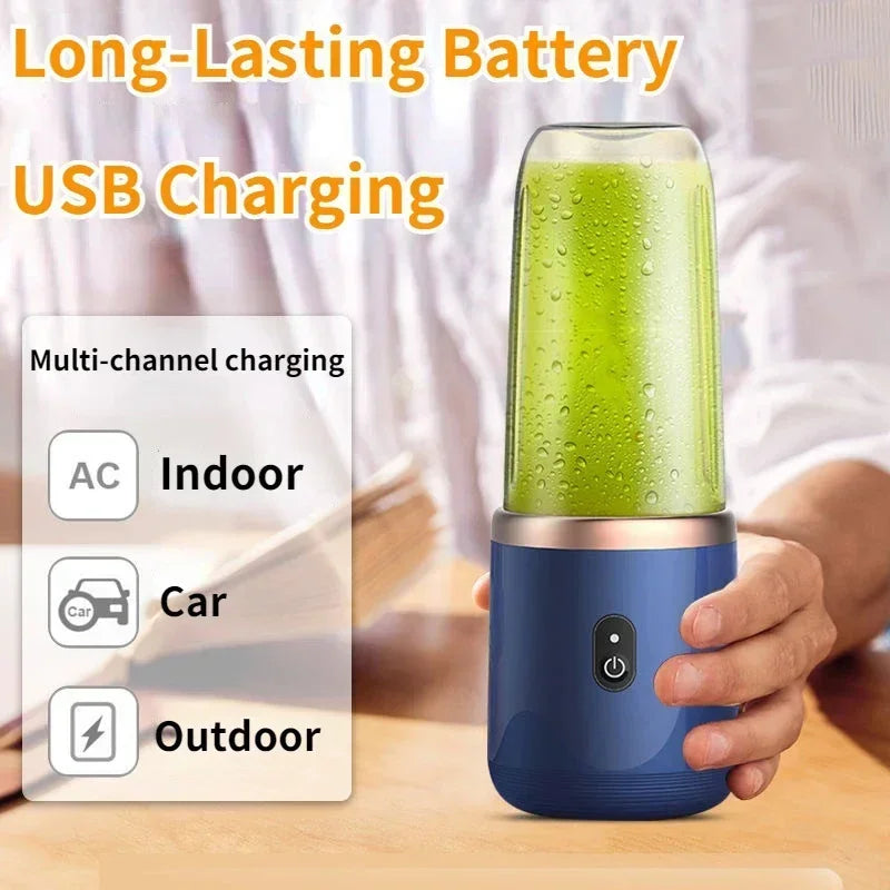 Portable blue USB-rechargeable blender held in hand, featuring a clear cup filled with a green smoothie.