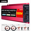 Red 1000W pure sine wave power inverter with a black interface, digital display, AC socket, and included cable set.