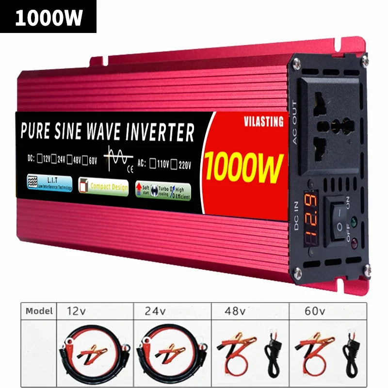 Red 1000W pure sine wave power inverter with a black interface, digital display, AC socket, and included cable set.