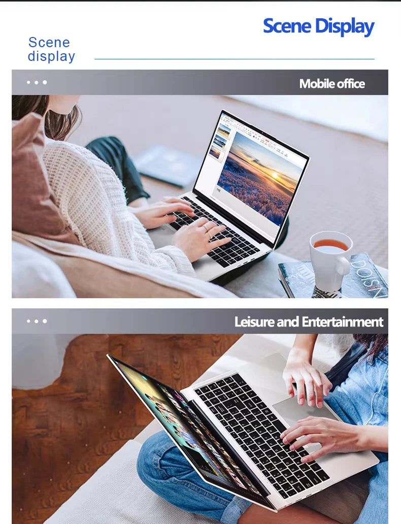 Sleek silver 15.6-inch laptop with a slim bezel, used for mobile working and entertainment.