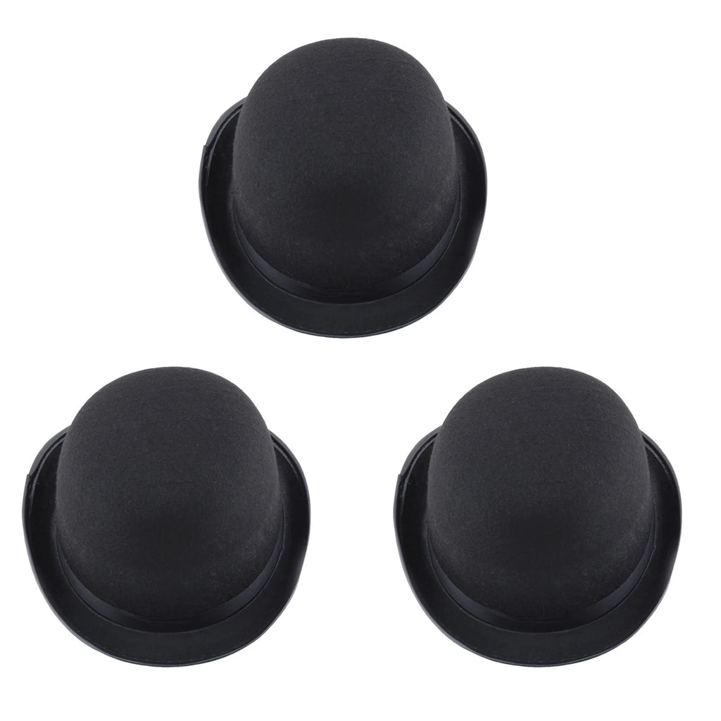 A set of three classic black bowler hats with rounded crowns and small, curved brims, perfect for fancy dress.