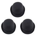 A set of three classic black bowler hats with rounded crowns and small, curved brims, perfect for fancy dress.