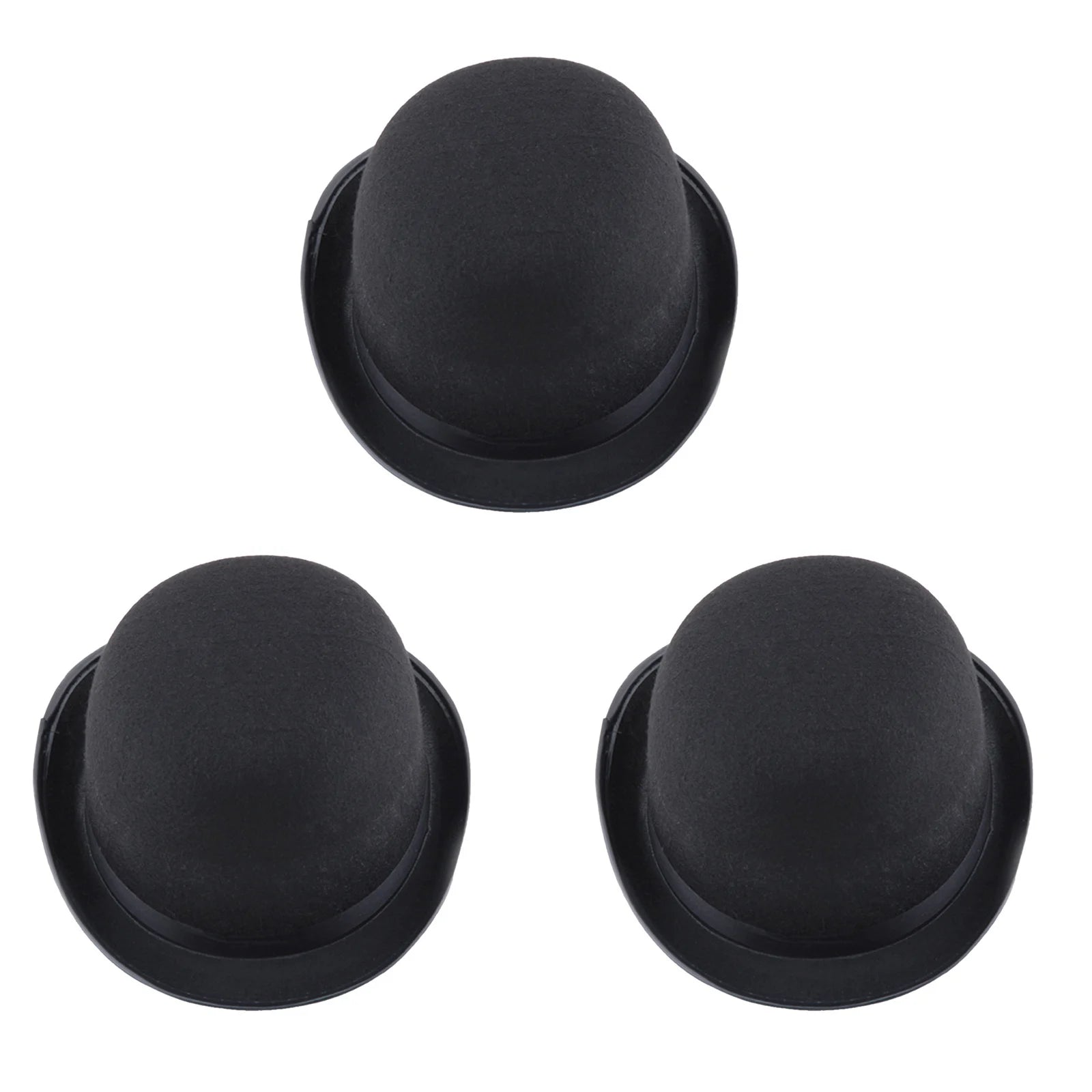 A set of three classic black bowler hats with rounded crowns and small, curved brims, perfect for fancy dress.