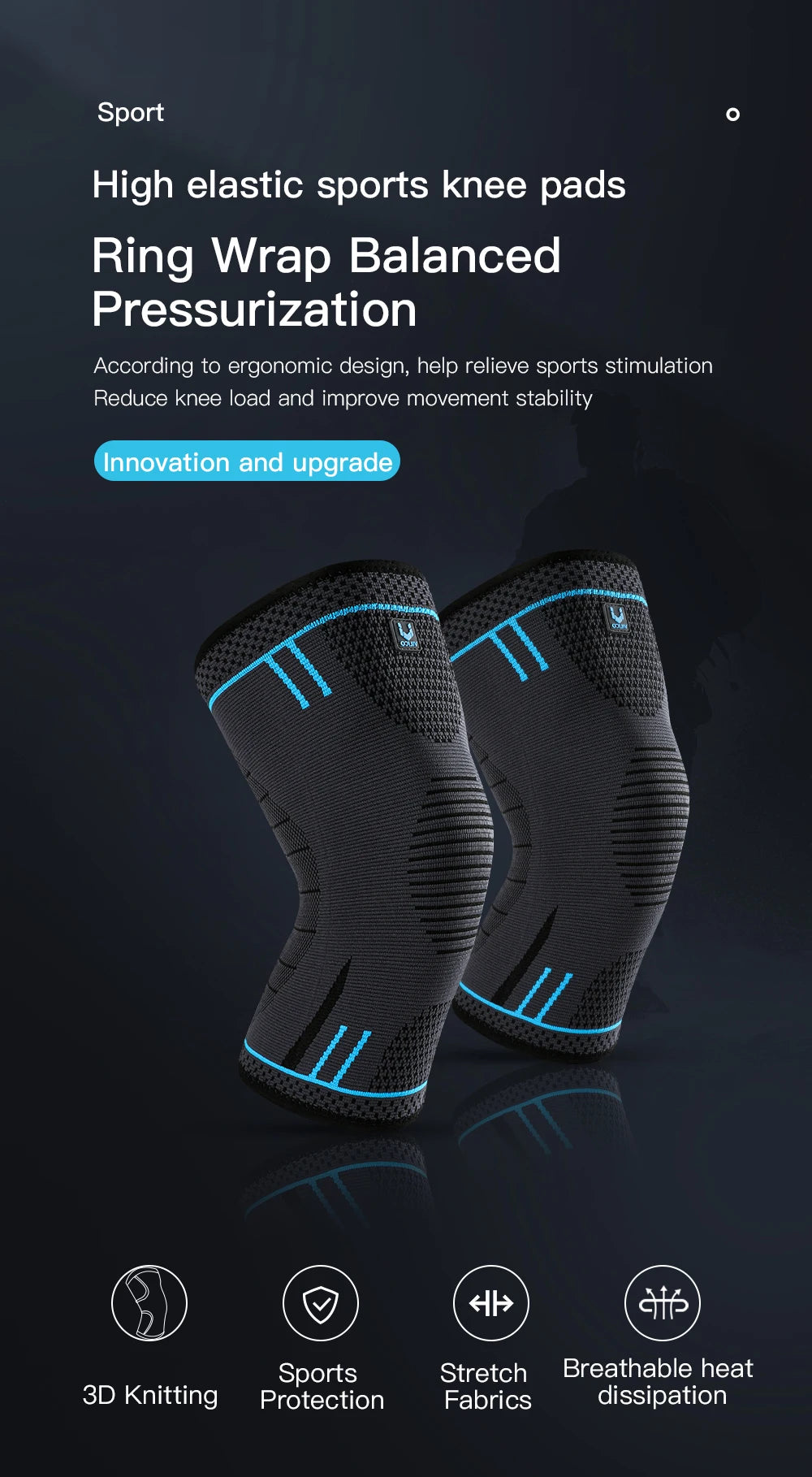 Pair of grey high-elastic sports knee supports with blue detailing and textured, breathable knit fabric.
