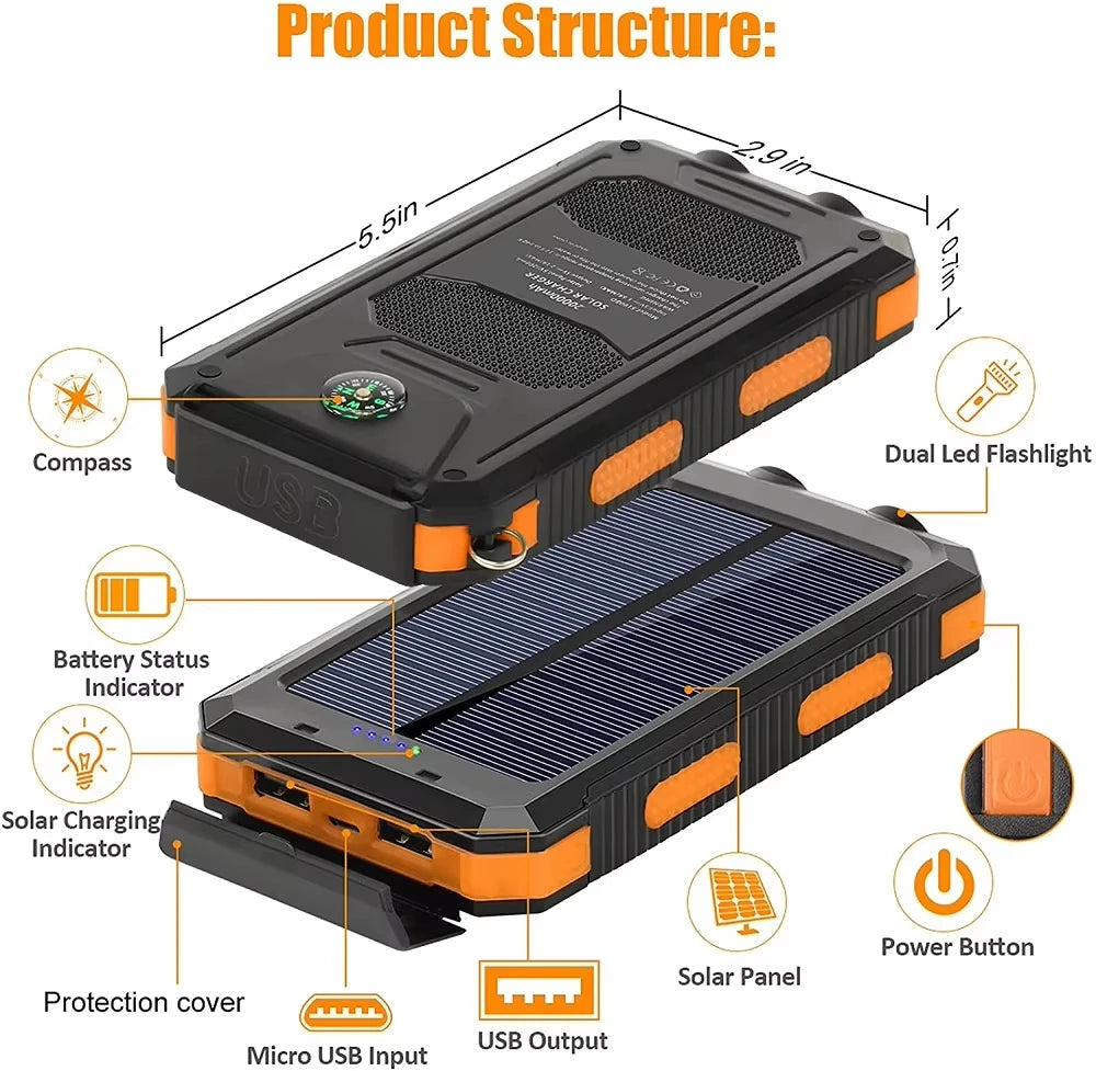 Rugged black and orange solar power bank with built-in compass, LED flashlight, USB ports, and solar charging panel.