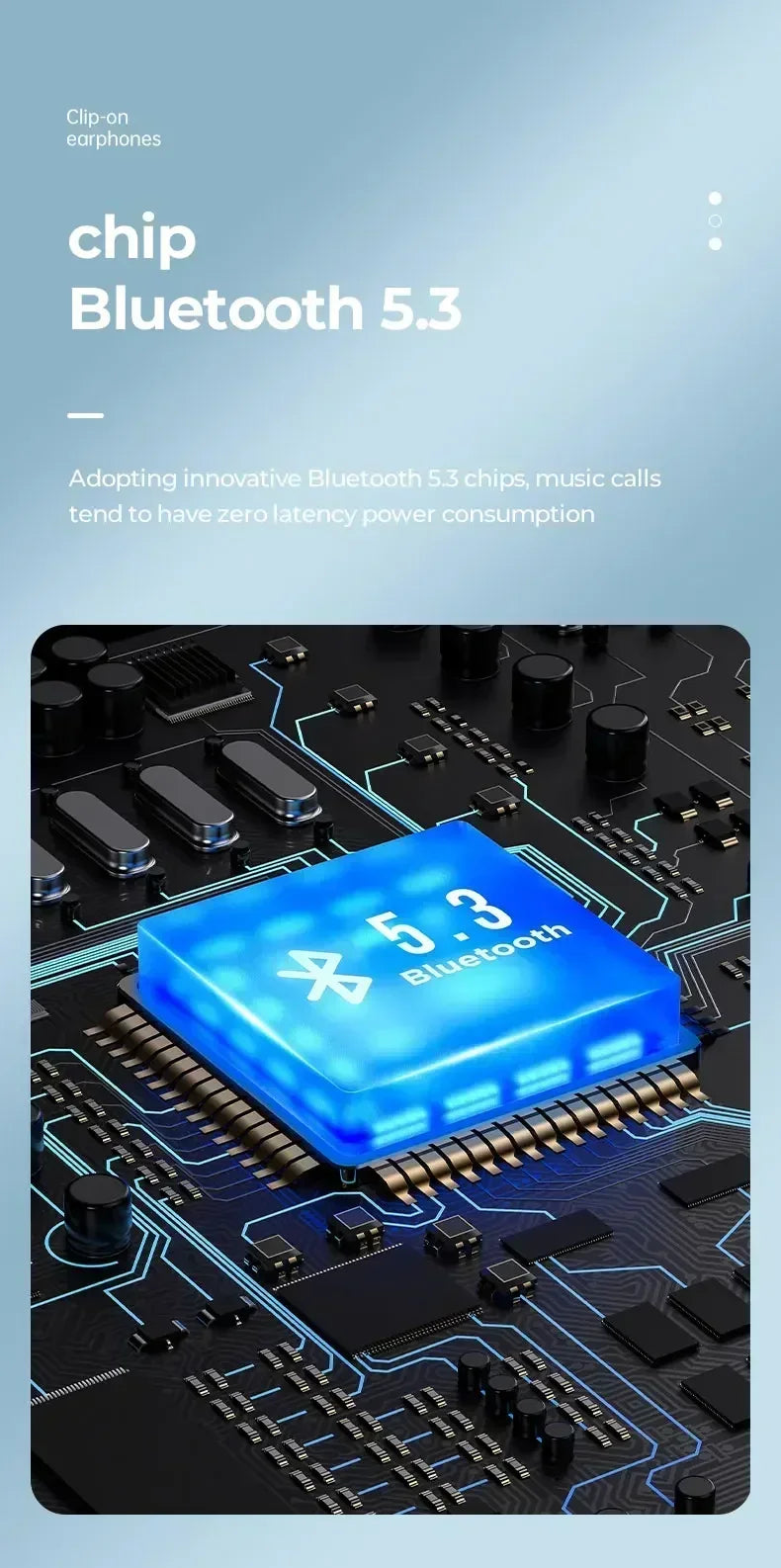 Macro shot of a glowing blue Bluetooth 5.3 chip mounted on a dark, technical black circuit board.