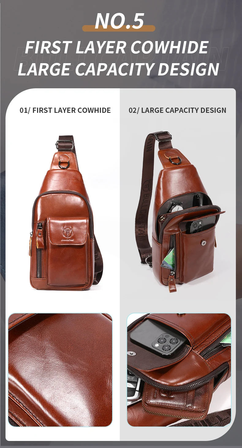 Brown leather men’s crossbody sling bag with multiple zip pockets, adjustable strap, and a spacious, organised design.