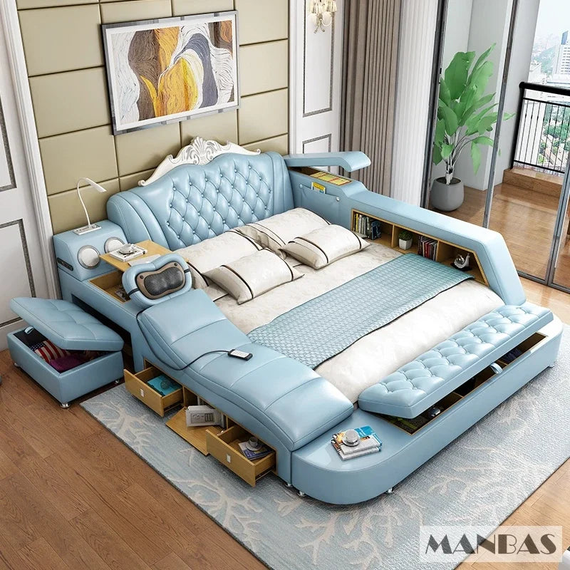 Blue upholstered multifunctional bed frame with tufted headboard, built-in storage drawers, speakers and massager.