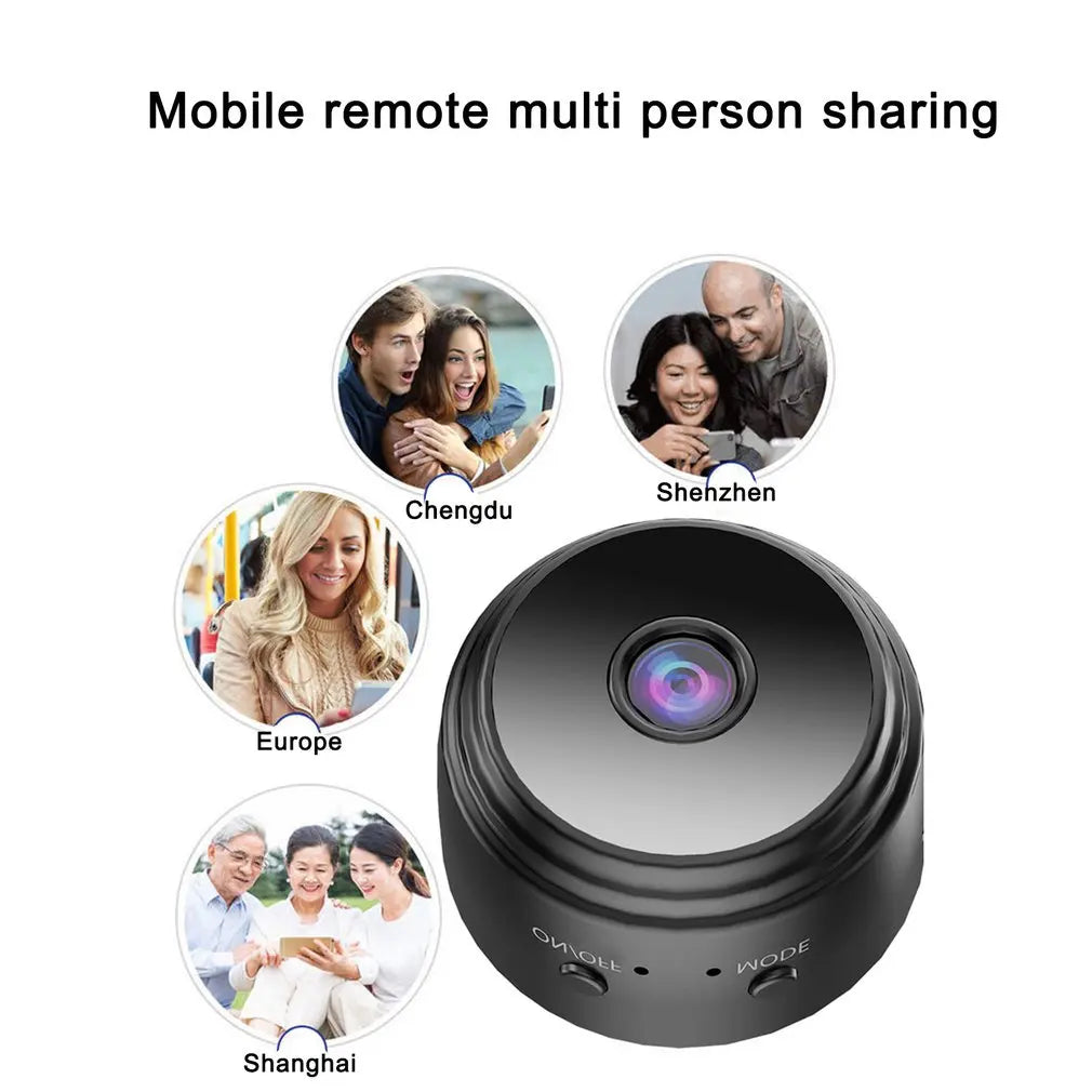A black, round plastic mini security camera with a central lens and side buttons for remote mobile viewing.