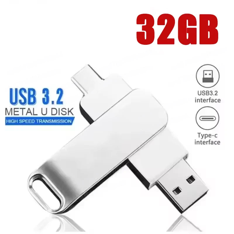 Silver 2-in-1 metal USB 3.2 flash drive featuring both USB-A and USB-C connectors for high-speed file transfers.