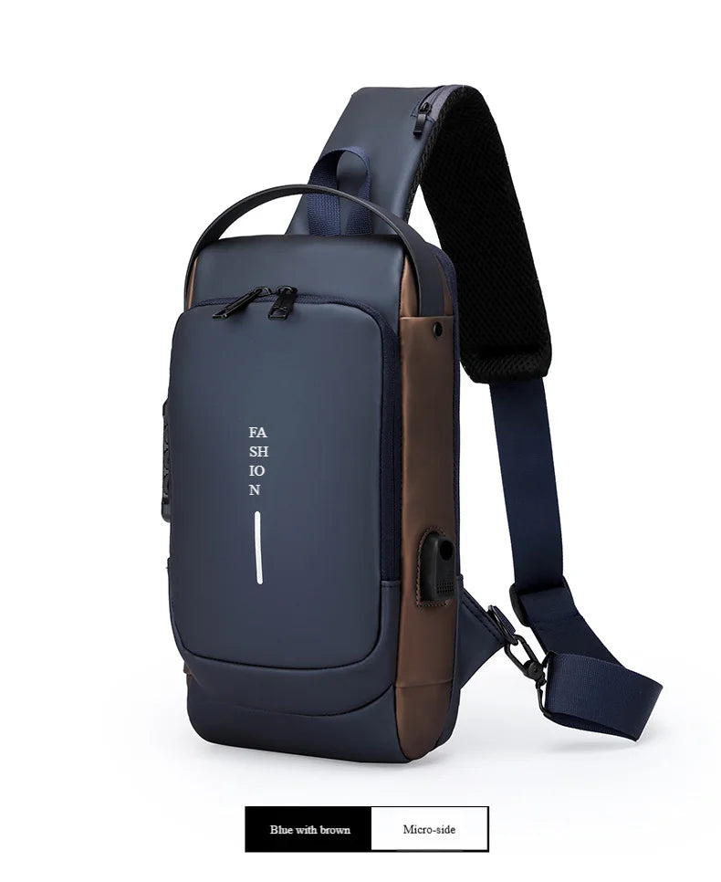 Navy blue and brown crossbody chest bag with adjustable strap, password lock, and integrated USB charging port.
