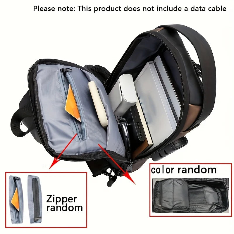 Open black waterproof anti-theft sling bag showing interior compartments, pockets, and built-in USB charging port.