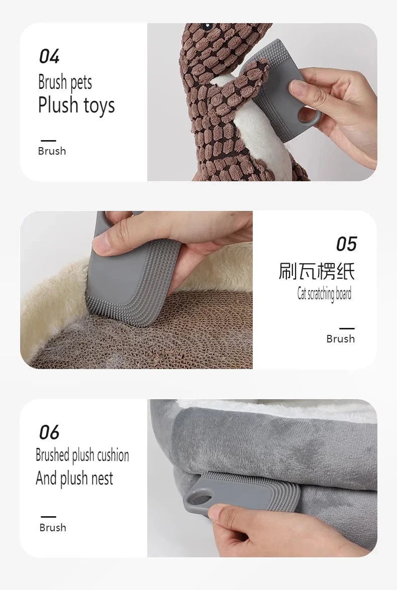 A grey, handheld cleaning brush shown grooming a plush toy, a cat scratcher, and a pet bed cushion.