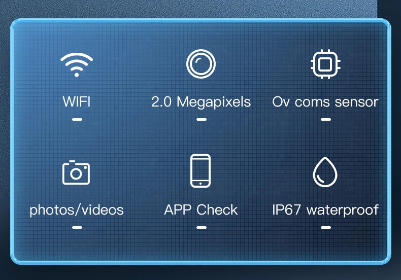 Blue graphic showing icons for WiFi, 2.0MP camera, sensor, video, app connectivity, and IP67 waterproof rating.