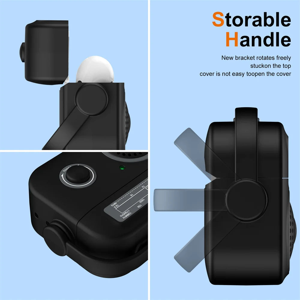 Black silicone AirPod case with radio-style design and rotatable locking handle. Fits standard AirPods models.