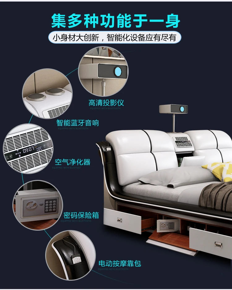 Modern cream leather bed frame featuring integrated tech including a projector, Bluetooth speakers, purifier, and safe.