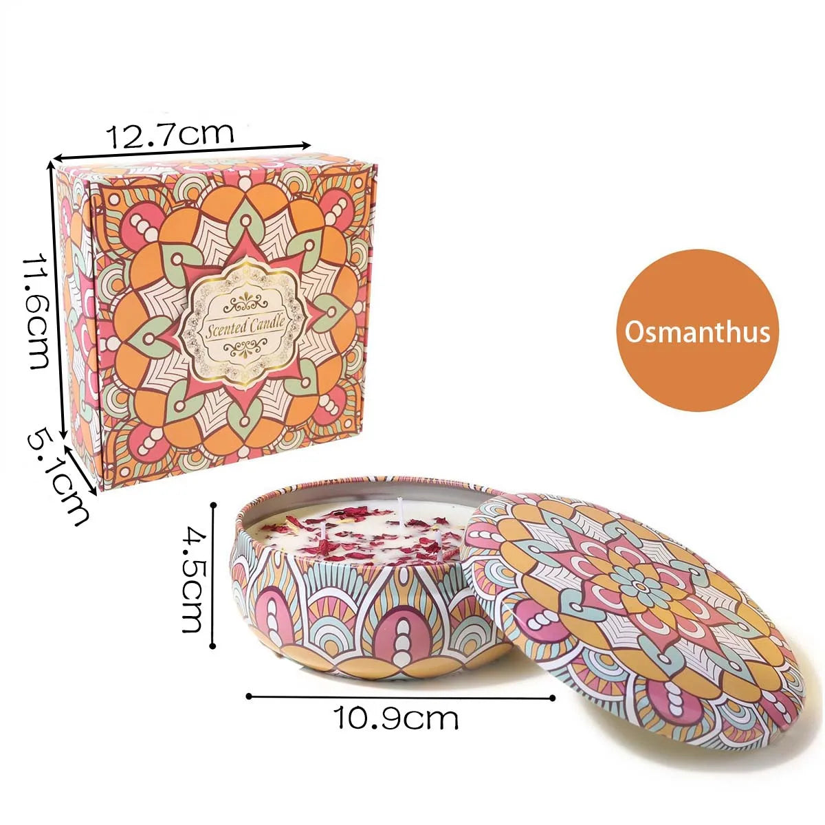 Osmanthus scented candle in a decorative, patterned tin with a matching gift box, featuring colourful mandala designs.