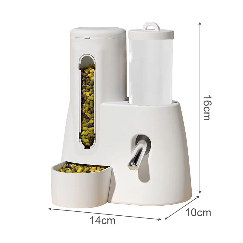 White pet feeder with a transparent food storage container, seed dispenser, and water spout, measuring 14x16x10cm.