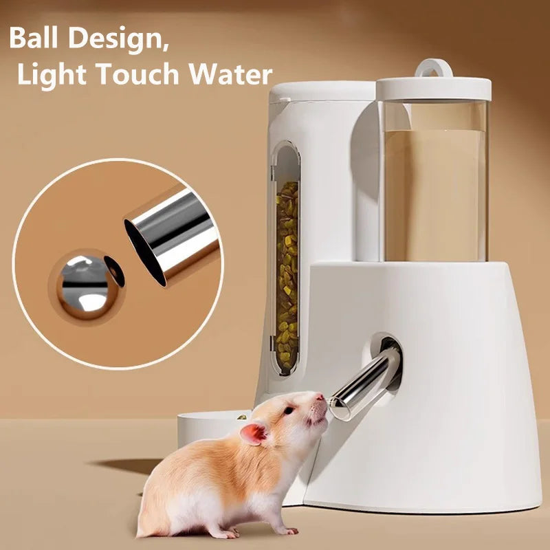 White minimalist hamster feeder and water dispenser with a stainless steel ball-tip spout and clear storage containers.